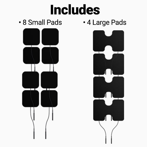 The image shows the iReliev Wired Large & Small Refill Kit: 8 small square pads on the left and 4 larger notched square pads on the right, all with connector wires attached. Text above reads: Includes • 8 Small Pads • 4 Large Pads.
