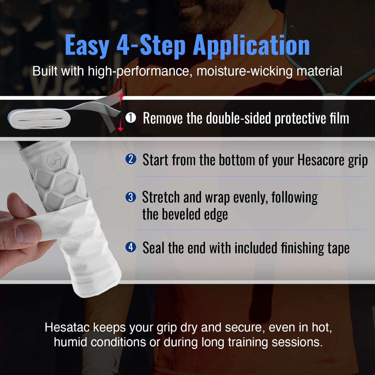 Instructional graphic: How to apply Hesacore Hesatac Overgrip – Turquoise (6 & 12 Pack) by Hesacore Grip in 4 steps—peel film, wrap from bottom, stretch evenly, seal tape. Moisture-wicking grip ensures secure pickleball play.
