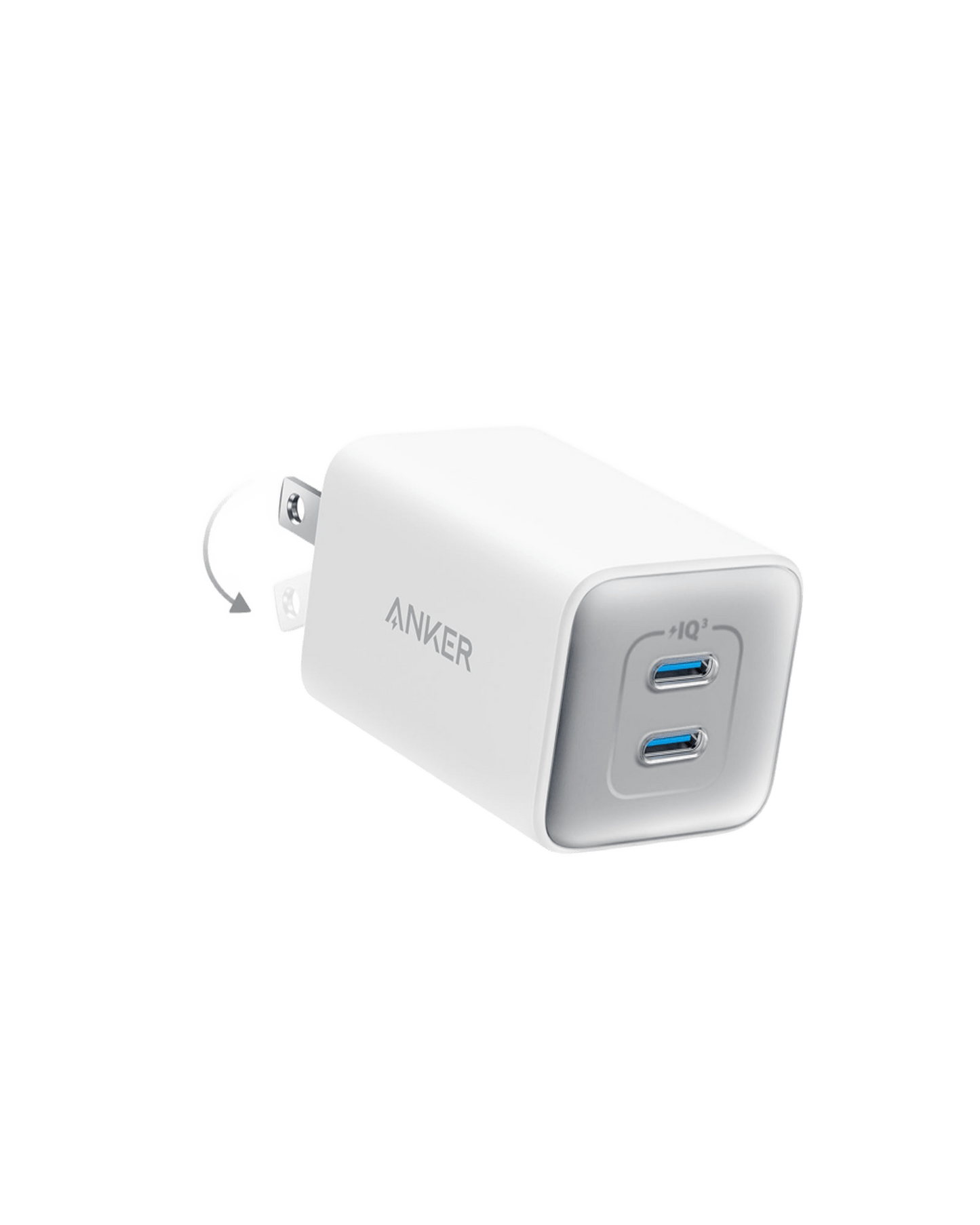 The Anker 523 Charger (Nano 3, 47W) in white features a single USB-C port with a gray border, foldable prongs, and the Anker logo on the side. This charger supports fast charging for your devices against a plain background.