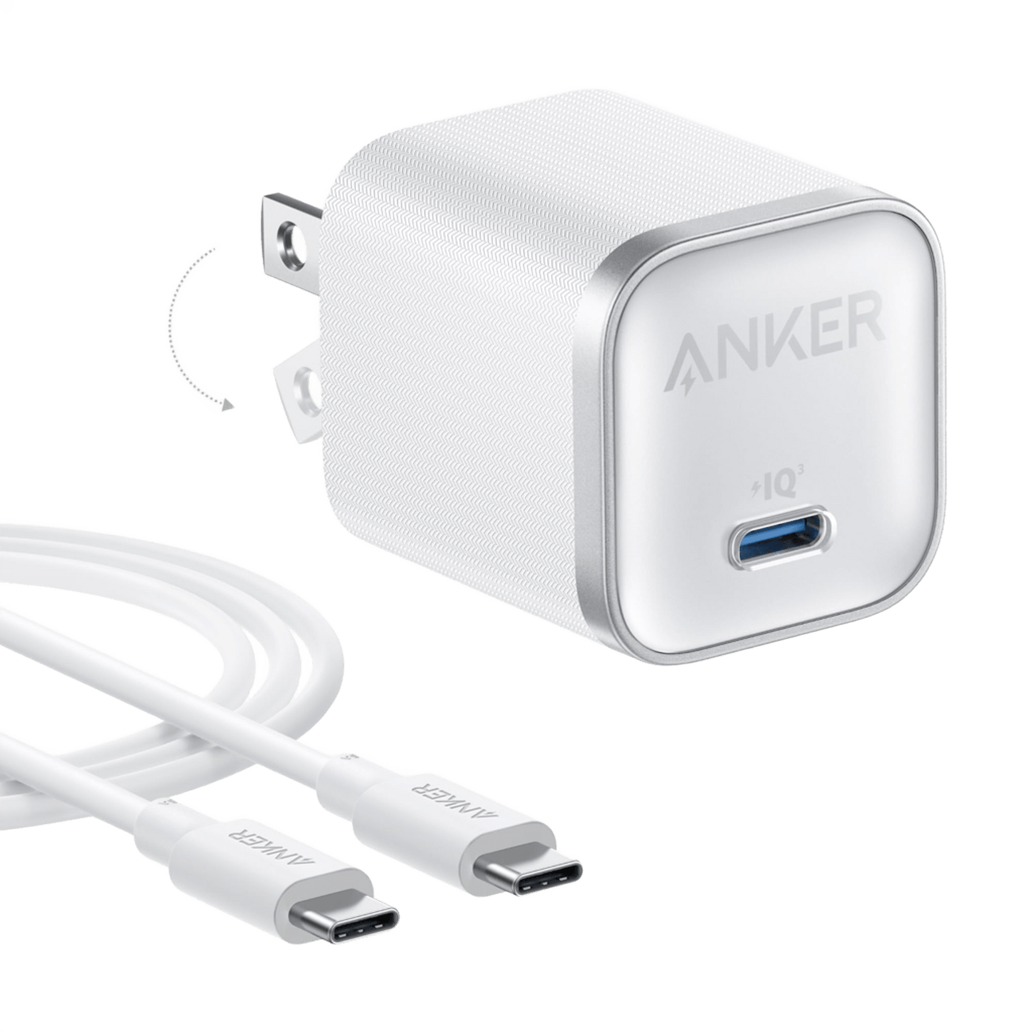 The Anker Nano Charger (45W), a white, textured charger with GaN technology, single USB-C port, and foldable prongs, is shown next to its matching white USB-C to USB-C cable. Both feature the Anker logo.