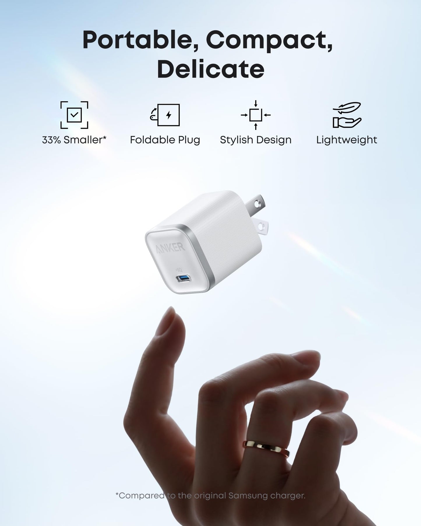 A hand with a gold ring reaches toward the Anker Nano Charger (45W) with USB-C to USB-C Cable. Icons above highlight 33% Smaller size, Foldable Plug, Stylish Design, and Lightweight. This GaN charger floats against a bright background.