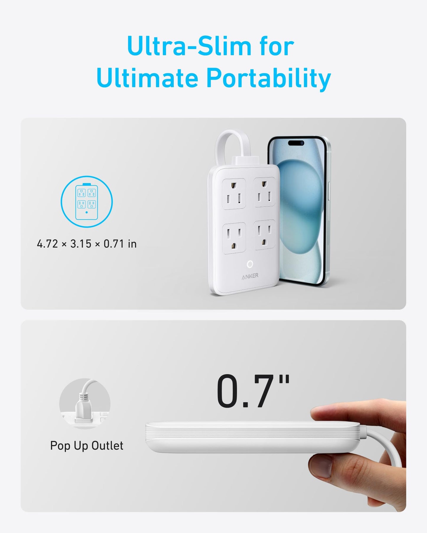 The Anker Charging Station (8-in-1, 20W) by Anker is a white, ultra-slim USB-C power strip measuring 4.72 × 3.15 × 0.71 inches, shown beside a smartphone for size comparison and held to highlight its slim design and pop-up outlet.