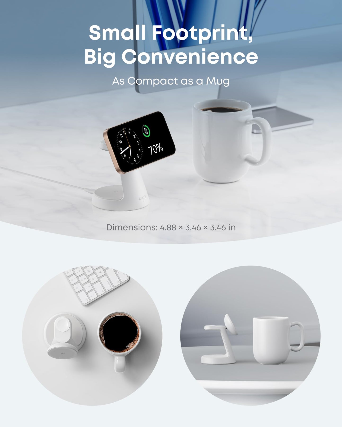 The Anker MagGo Wireless Charging Station (3-in-1, Dock Stand) by Anker sits beside a white mug on a marble desk. Top and side views show their similar size, highlighting the charger's compact design and fast, convenient charging.