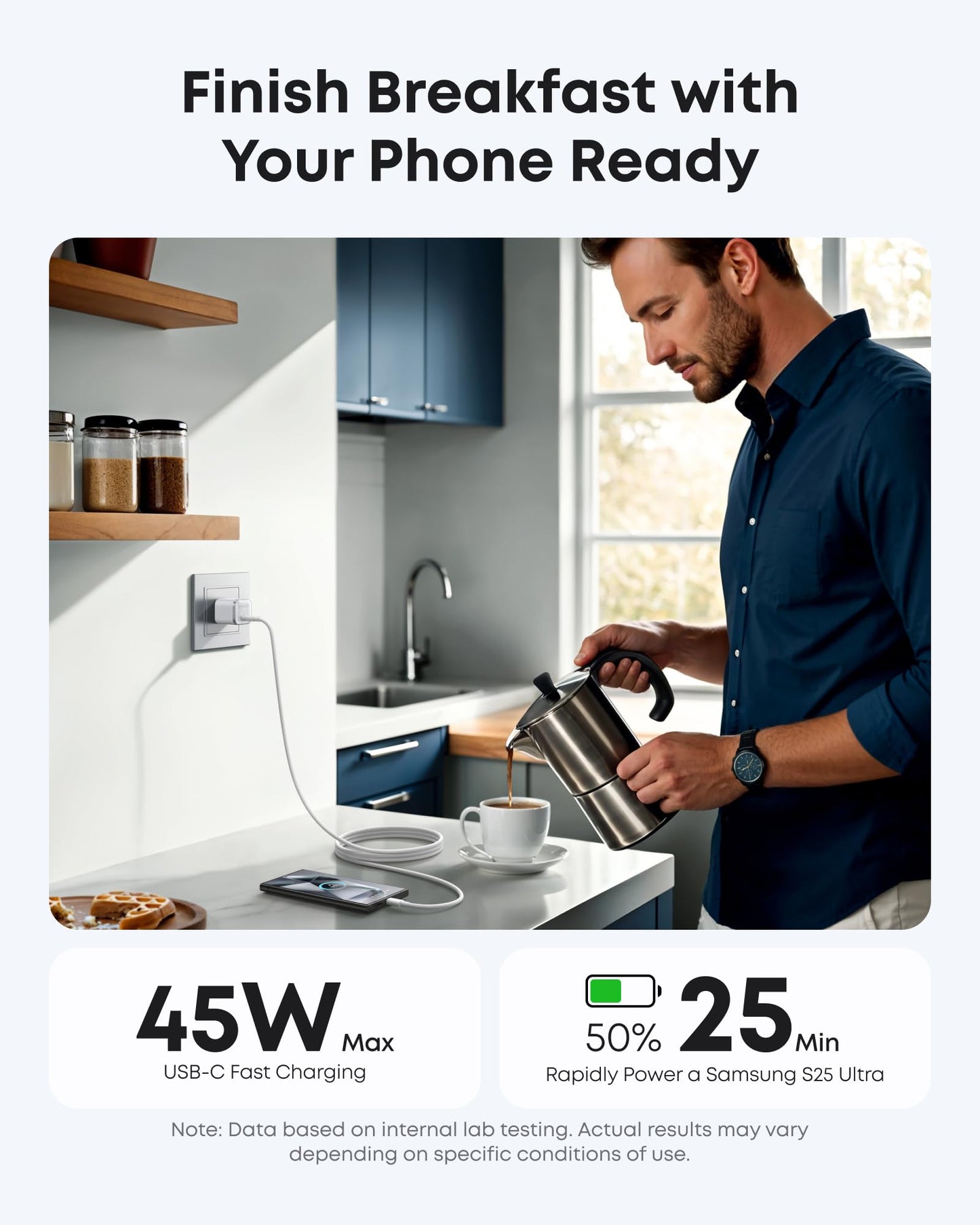 A man pours coffee in a modern kitchen as his phone, powered by an Anker Nano Charger (45W) with USB-C to USB-C cable, charges on the counter. Text: Finish Breakfast with Your Phone Ready. Highlights 45W USB-C fast charging—50% in 25 minutes.
