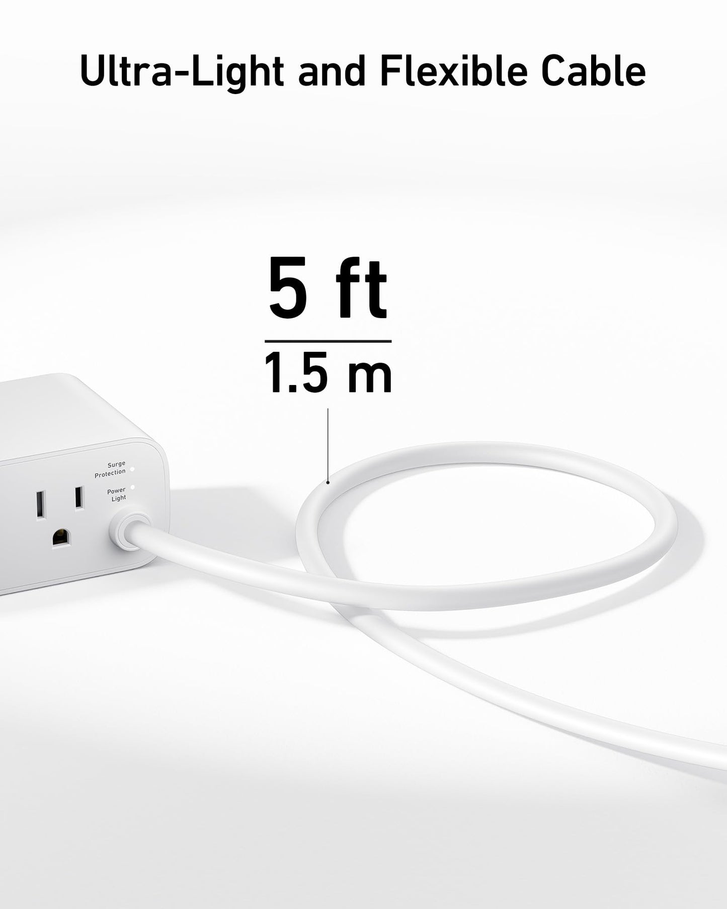 A white Anker Charging Station (7-in-1, 100W) extension cord is plugged into a power outlet block on a white surface. Above, the text reads “Ultra-Light and Flexible Cable” with “5 ft / 1.5 m” highlighted in large center text. Minimal setting.