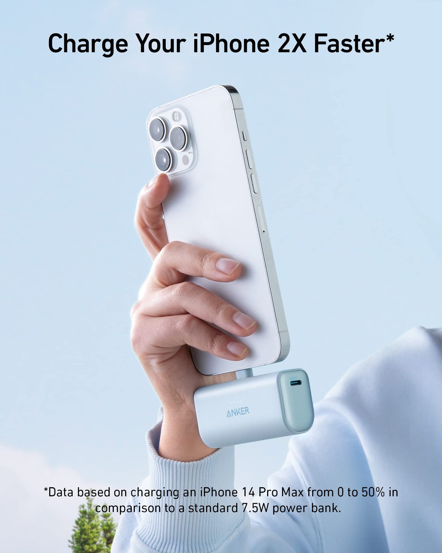 A hand holds an iPhone plugged into the Anker Nano Power Bank (12W, Built-In Lightning Connector) by Anker. A soft blue gradient background appears. Text above reads “Charge Your iPhone 2X Faster*”. Fine print cites iPhone 14 Pro Max data.