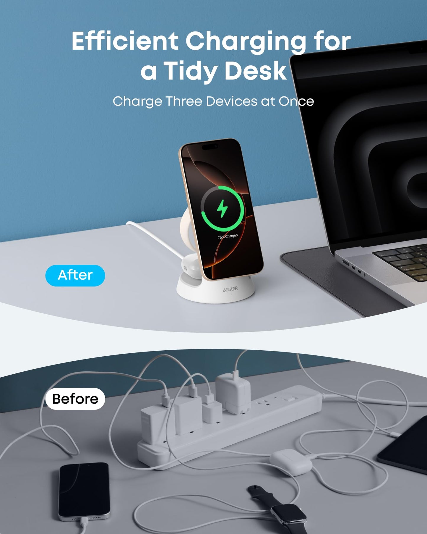A split image shows desk organization: Before has tangled cables and crowded strips; After features a neat setup with the Anker MagGo Wireless Charging Station (3-in-1, Dock Stand), wirelessly charging a phone beside a laptop with minimal visible cords.