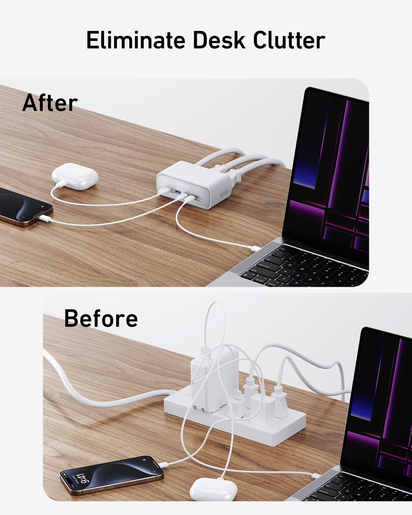 Two images compare desk setups: “Before” shows tangled cords and a messy power strip, while “After” features devices neatly powered by the Anker Charging Station (7-in-1, 100W) from Anker, reducing clutter with its compact USB charging design.