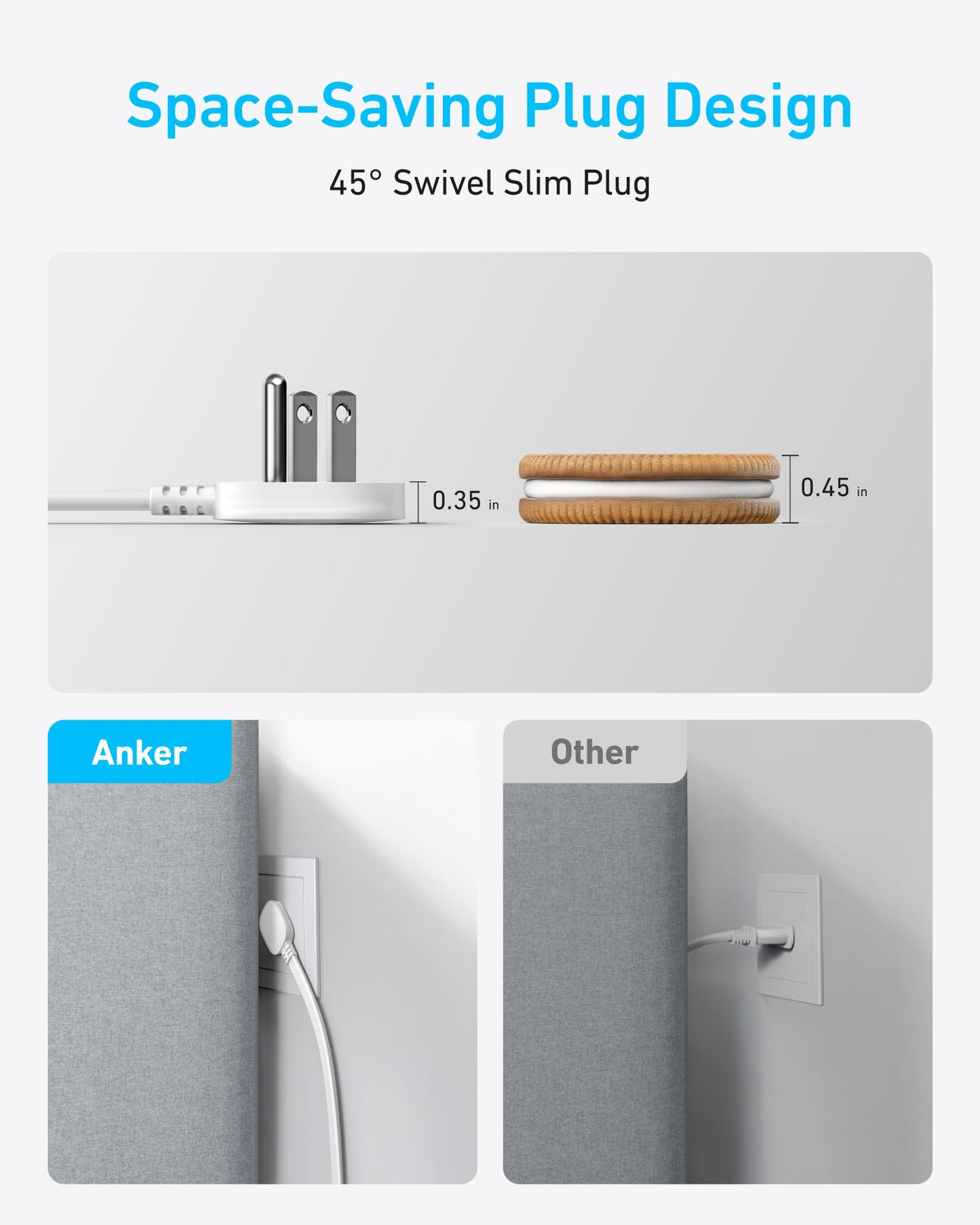 The white Anker Charging Station (8-in-1, 20W) is just 0.35 inches slim—shown beside stacked cookies—and fits easily behind furniture, unlike bulky plugs. A 45° swivel plug design from Anker minimizes wall clutter.