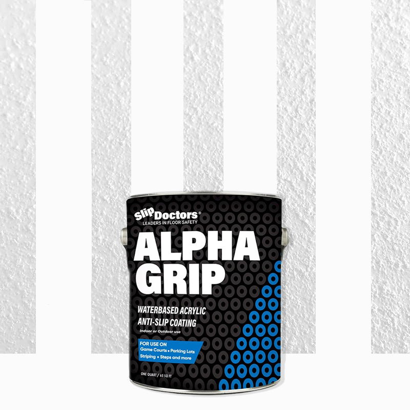 A black and blue can of SlipDoctors Alpha Grip Non-Slip Stripe and Athletic Court Paint is shown in front of a textured white wall with three light gray stripes; the label notes suitability for concrete, garages, parking lots, and pickleball courts.