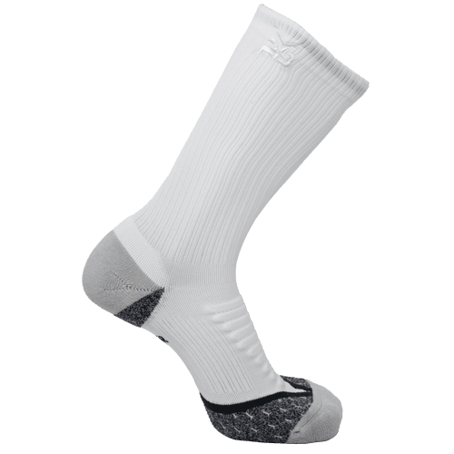 The iReliev AMP Crew Compression Sock is a single white sock with ribbed texture, gray cushioned heel/toe, reinforced sole for support, and a small white logo near the top cuff. Displayed on a light gray background.
