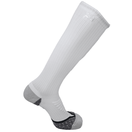 A single white AMP Leg Compression Sock by iReliev, featuring ribbed design, gray heel/toe accents, and a subtle logo near the top. Made with moisture-wicking fabric and shown on a plain light background.