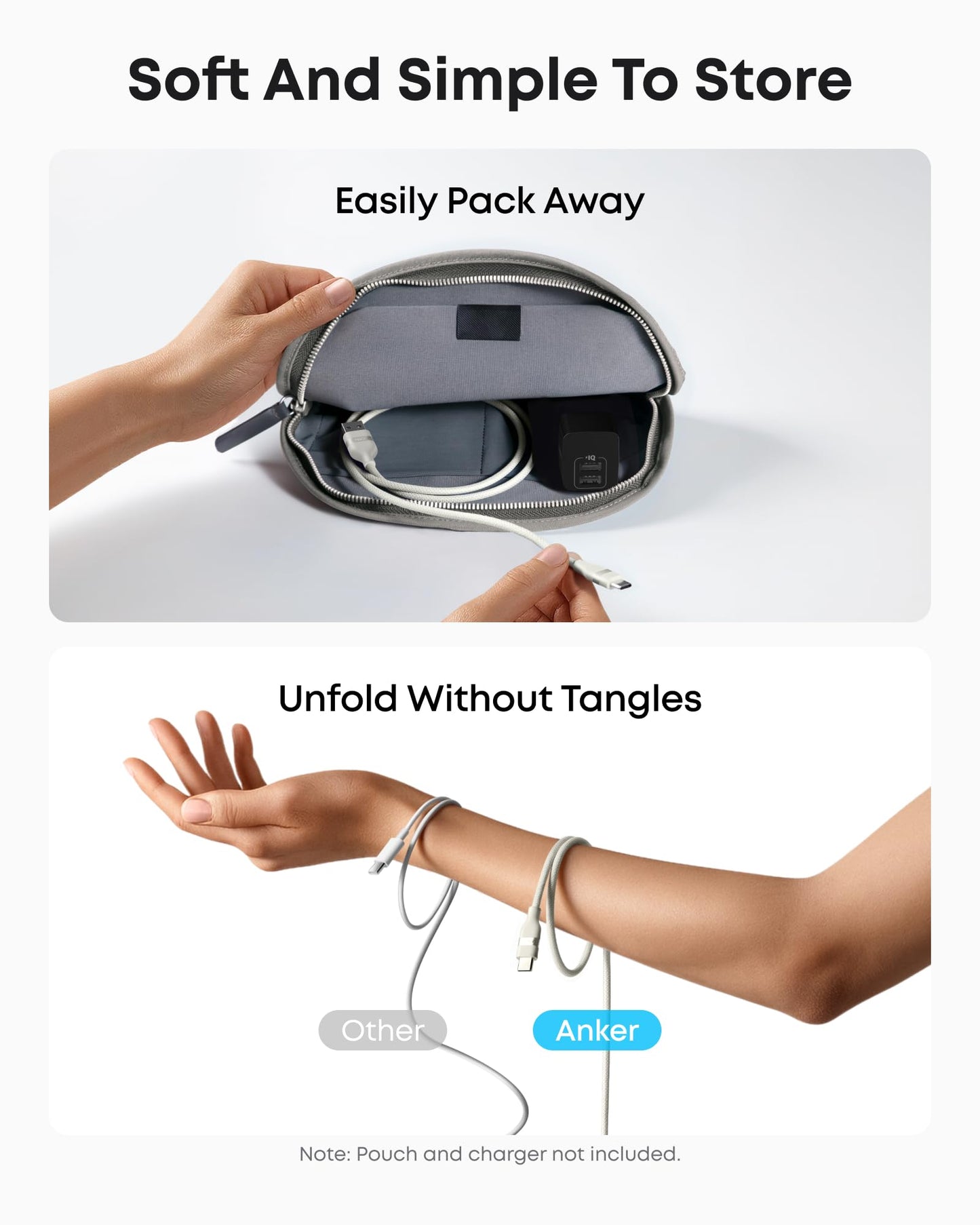 Top: A hand stores charging cables, including the Anker USB-A to USB-C Cable (3 ft/6 ft, Upcycled-Braided), in a gray zip pouch. Bottom: One cable is tangled while the Anker cable stays smooth with its tangle-resistant upcycled-braided design.