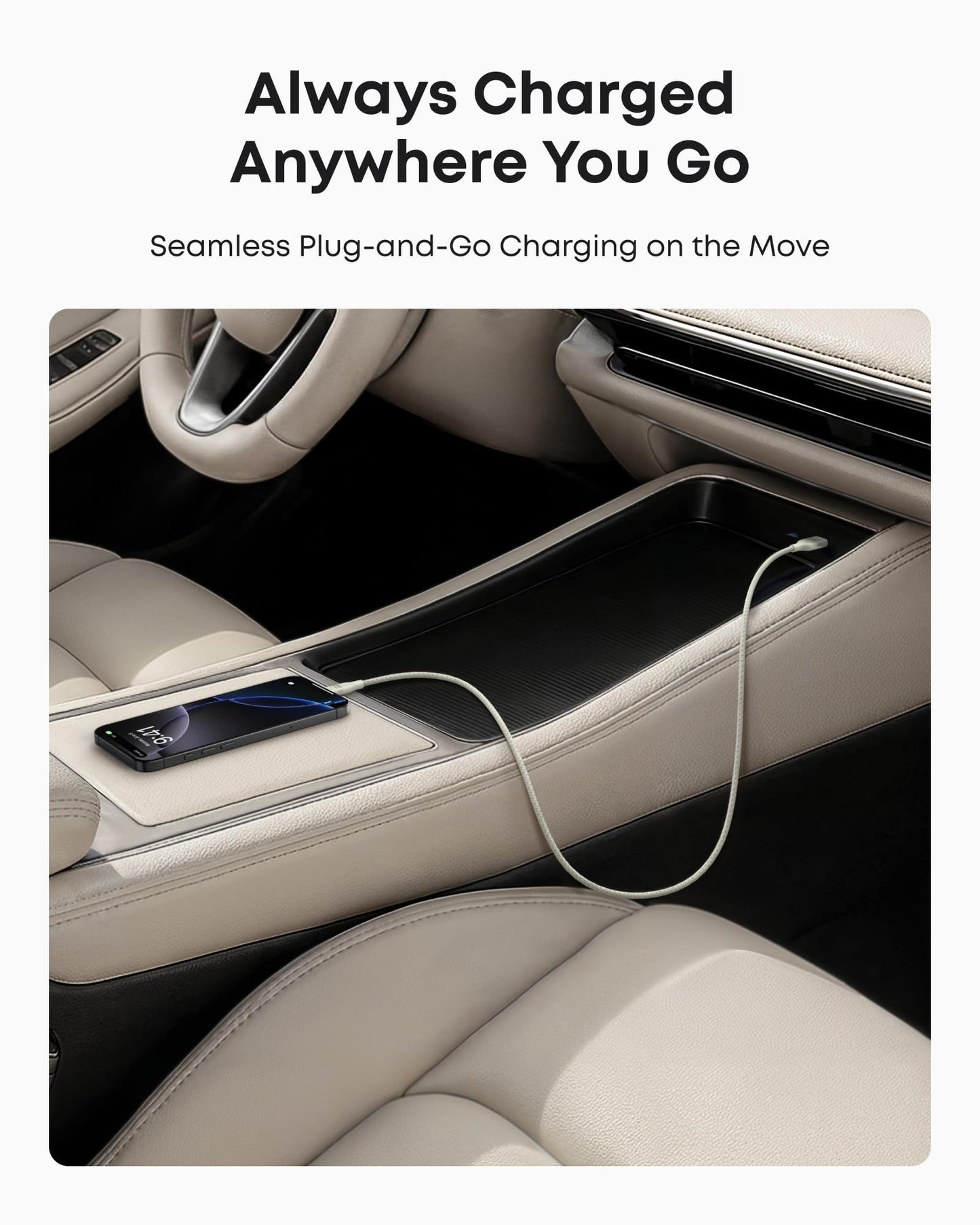 A smartphone charges on a beige car's console with the Anker USB-A to USB-C Cable (3 ft/6 ft, Upcycled-Braided), featuring durable, tangle-resistant design for reliable in-car charging near the gear shift.