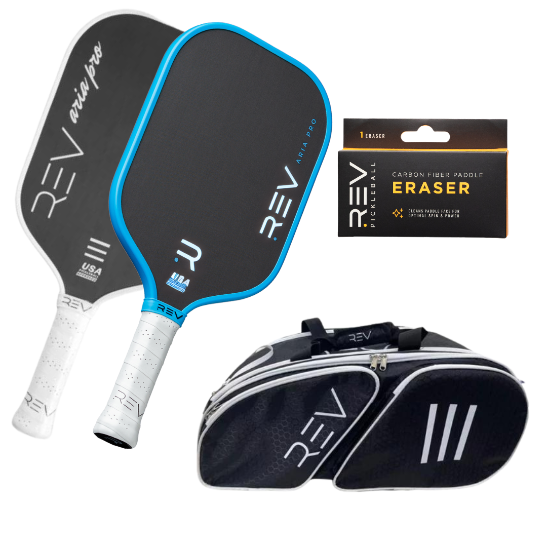 The REV Pickleball Professional - Mix & Match - Bundle for 2 features two black paddles with blue and white edges, REV paddle erasers, and a black sports bag with white zippers and three white stripes, all displayed on a white background.