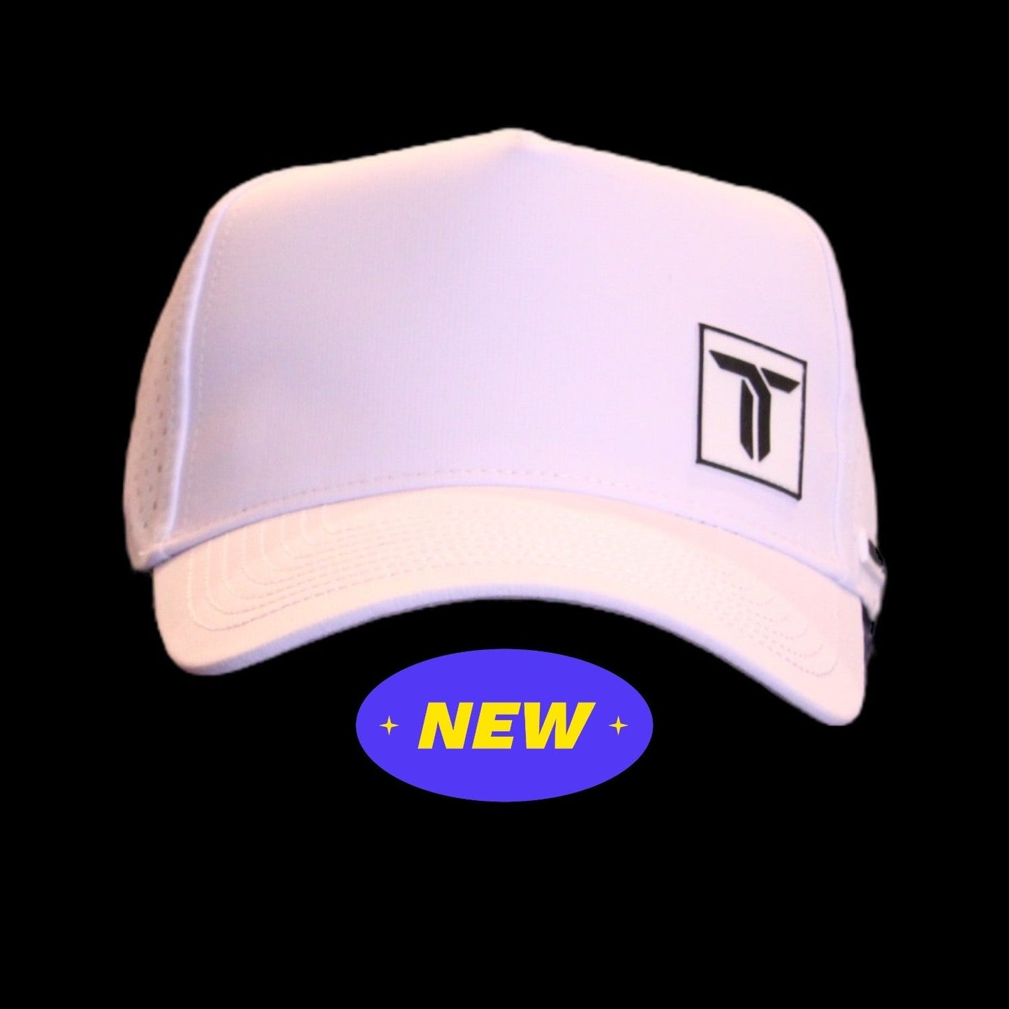 The Thrive Elite Tour Hat by Thrive Pickleball is a white cap from the collection, featuring a black geometric logo on the front. Set against black with a blue “NEW” oval, this luxury performance headwear stands out.