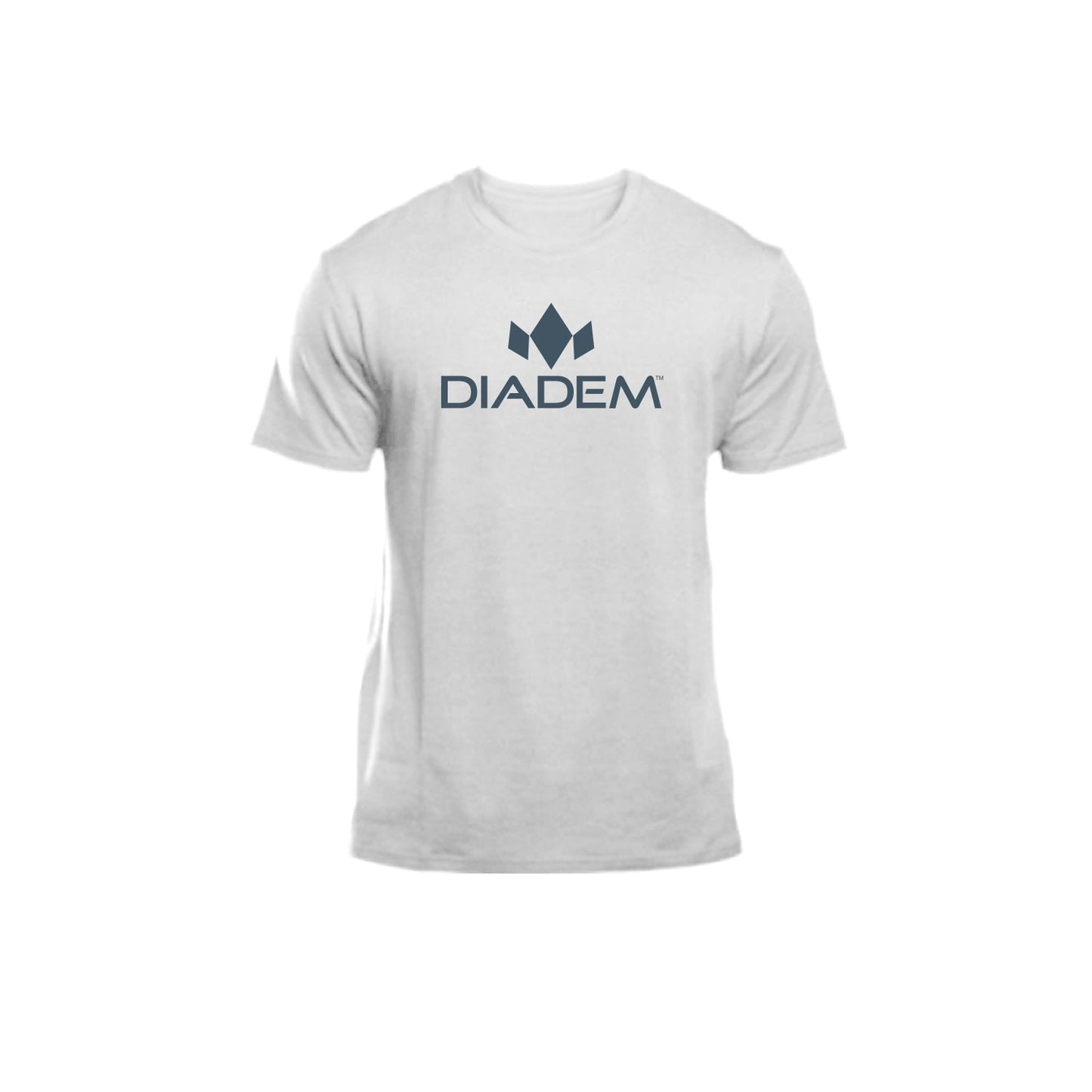 The Diadem Performance T-Shirt by Diadem Sports is a tag-less, soft polyester-cotton blend shirt in plain white, featuring "DIADEM" and a dark blue crown logo printed centrally on the chest. Displayed on a white background with no visible model.