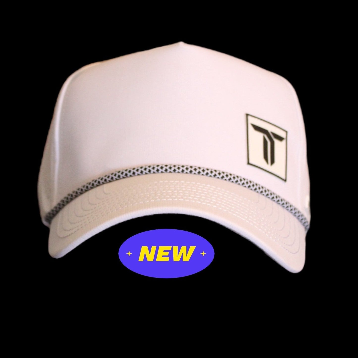 The Thrive Elite Tour Hat by Thrive Pickleball features a white design with a black geometric logo and dotted trim above the brim. A blue oval label with yellow “NEW” text appears below, set against a solid black background.