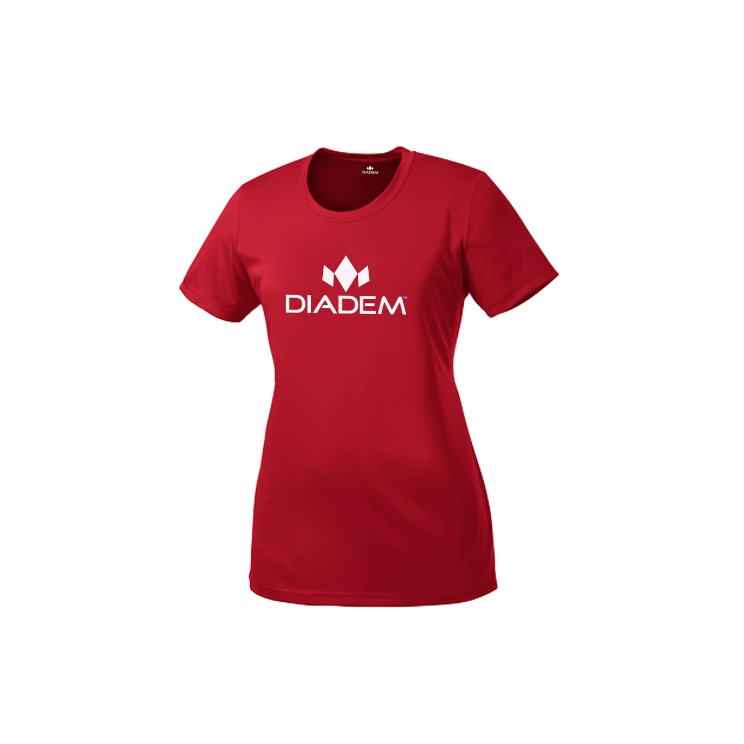 The Diadem Sports Drycore Women's T-Shirt is a red, short-sleeved crew neck with a white logo and text centered on the chest. Made for comfort and breathability, this moisture-wicking tee is shown on a plain white background.