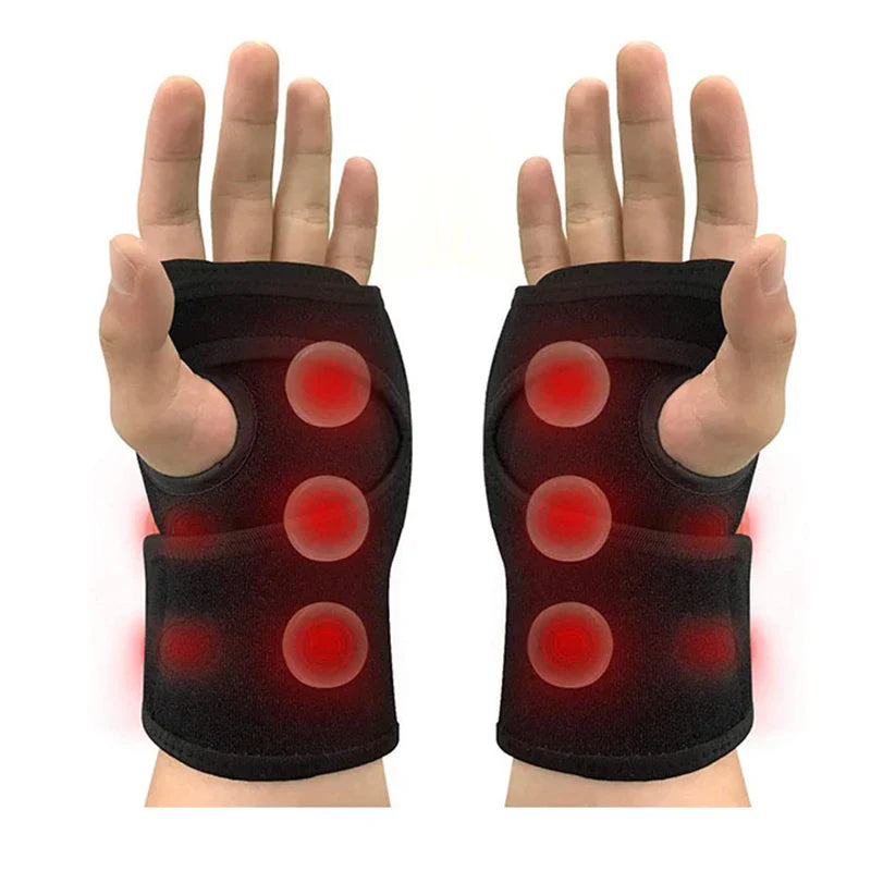 Two hands, palms up, wear iReliev Wearable Far Infrared Heating Pads for Wrist Pain Relief. Each black glove features six glowing red circles on the palms and wrists, indicating infrared heat therapy. Background is plain white.