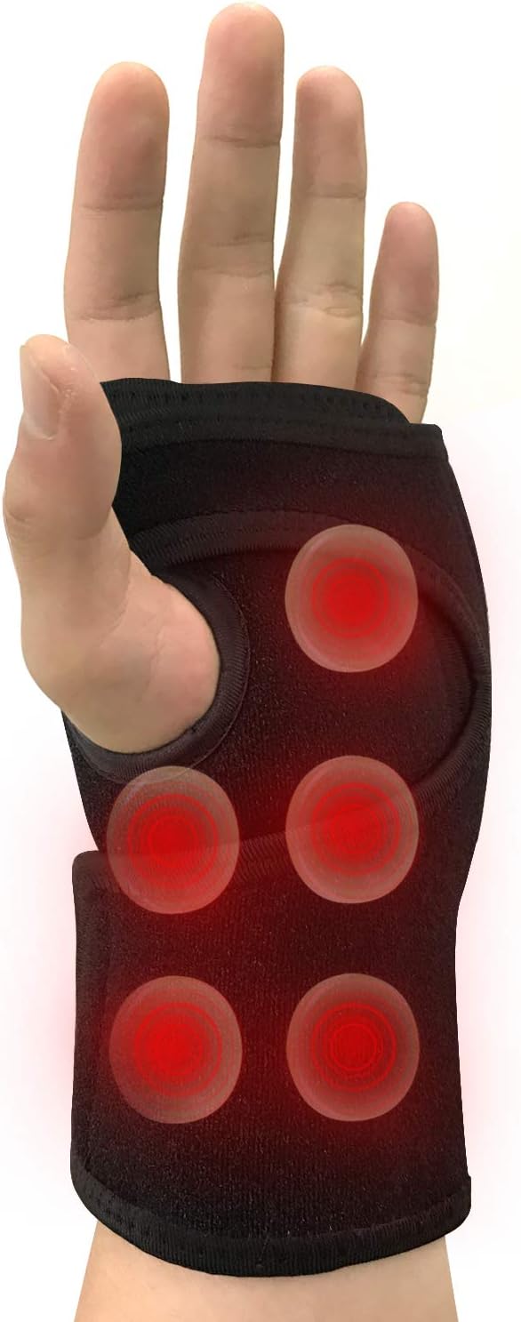 A hand wears an iReliev Wearable Far Infrared Heating Pad for Wrist Pain Relief, palm-up. Six red lights on the open-finger brace highlight targeted heat therapy for the wrist and part of the palm.
