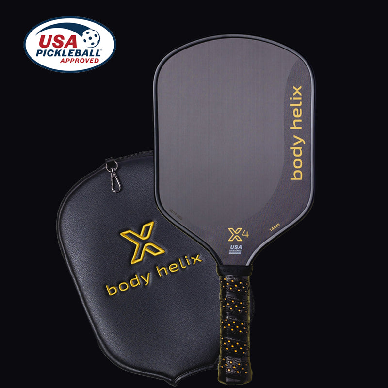 The body helix X4 Pickleball Paddle - USAP Approved features a black design with “body helix” in yellow, a honeycomb PP core, black handle with yellow dots, and is shown on a matching case with the logo and USA Pickleball Approved badge.