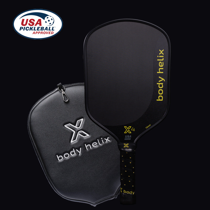 The body helix X4 Pickleball Paddle - USAP Approved features a black hybrid T700 raw Toray Carbon Fiber face with “body helix” and “X4” in yellow, shown beside its matching case on a sleek black background and the USA Pickleball Approved badge.