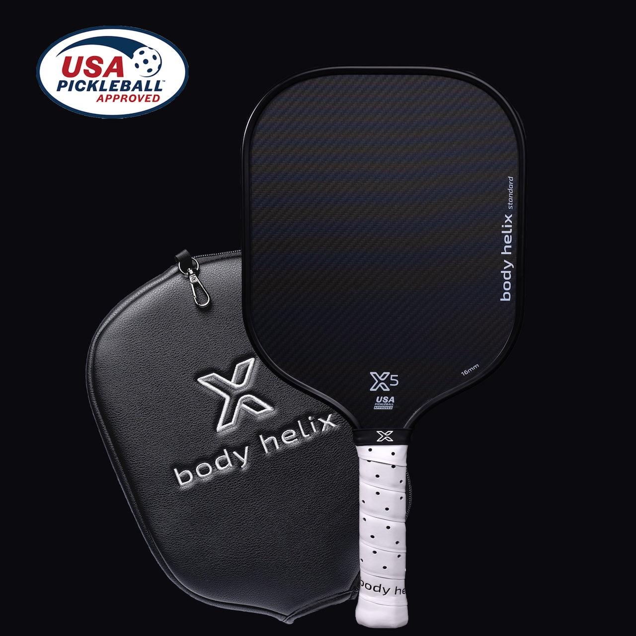 A black X5 Kevlar Pickleball Paddle by body helix, featuring a carbon fiber texture and cushioned handle in white grip tape, rests next to a zippered cover. A USAP Approved badge is seen in the top left corner.