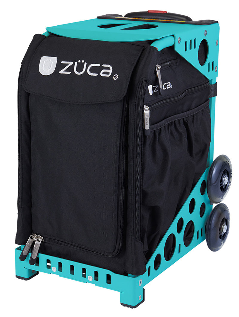 The ZUCA Pickleball Sport Black/Black bag features a black zippered cover, mesh side pocket, two sets of stacked wheels, and a top handle. The ZUCA logo is in white on the front flap and pocket—ideal for organized pickleball storage.