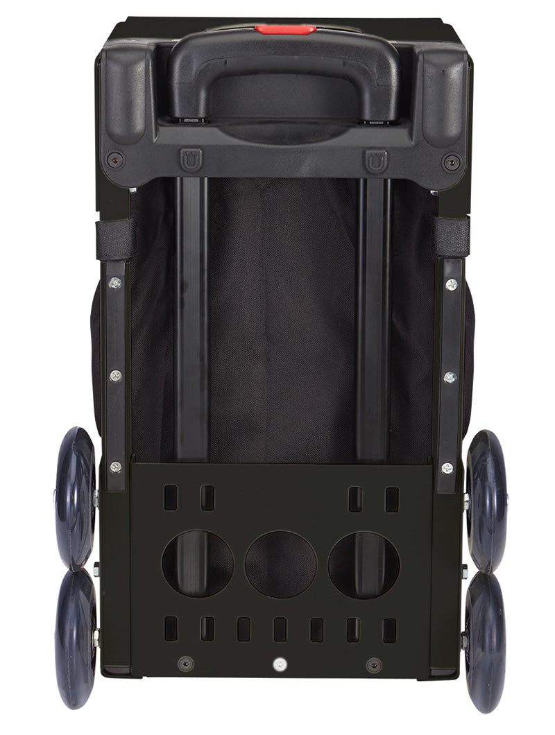 The ZUCA Pickleball Sport Black/Black rolling utility cart, ideal as a pickleball bag, features four large wheels, a collapsible top handle, dual support bars, a central fabric compartment, and a bottom panel with circular and rectangular cutouts.