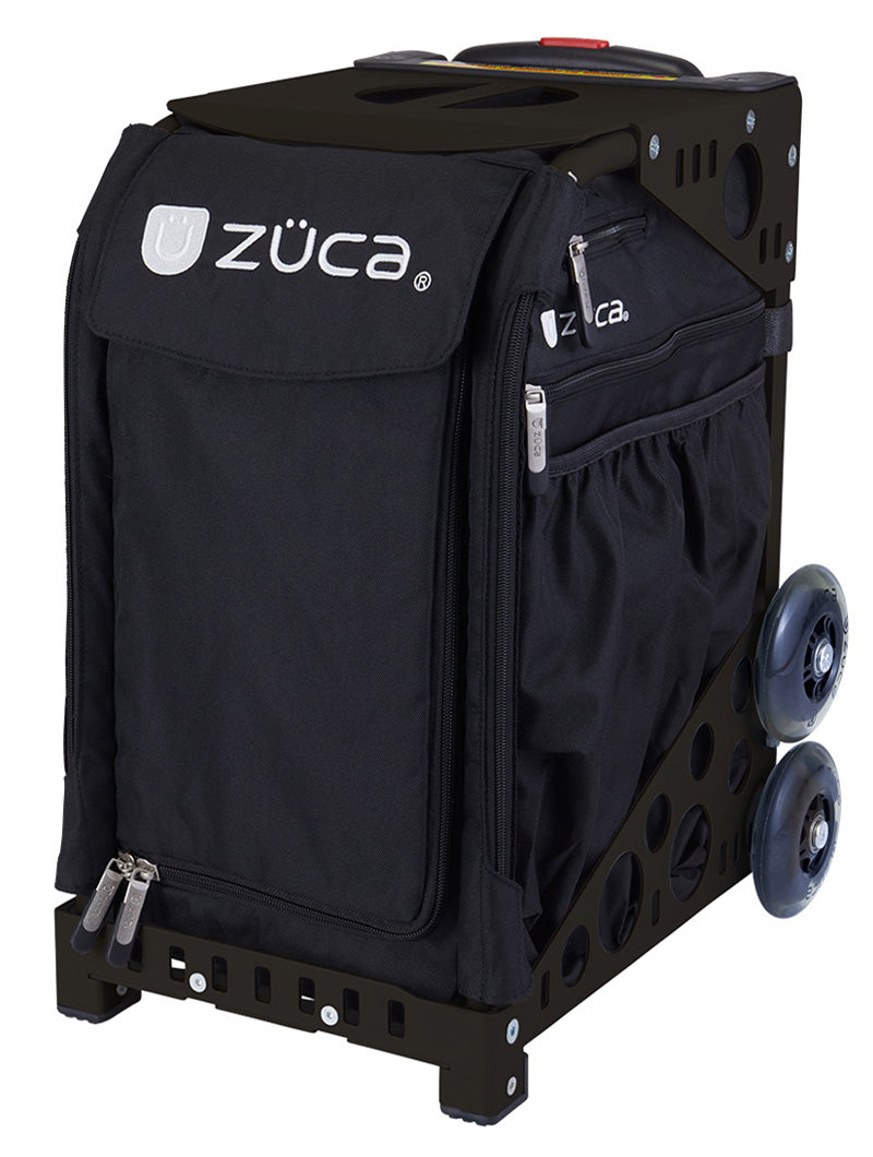 The ZUCA Pickleball Sport Black/Black is a rolling pickleball bag with a durable metal frame, fabric zippered enclosure, side pocket, dual wheels per side for easy transport, and ample storage. Visible zippers and logo accent the front flap.