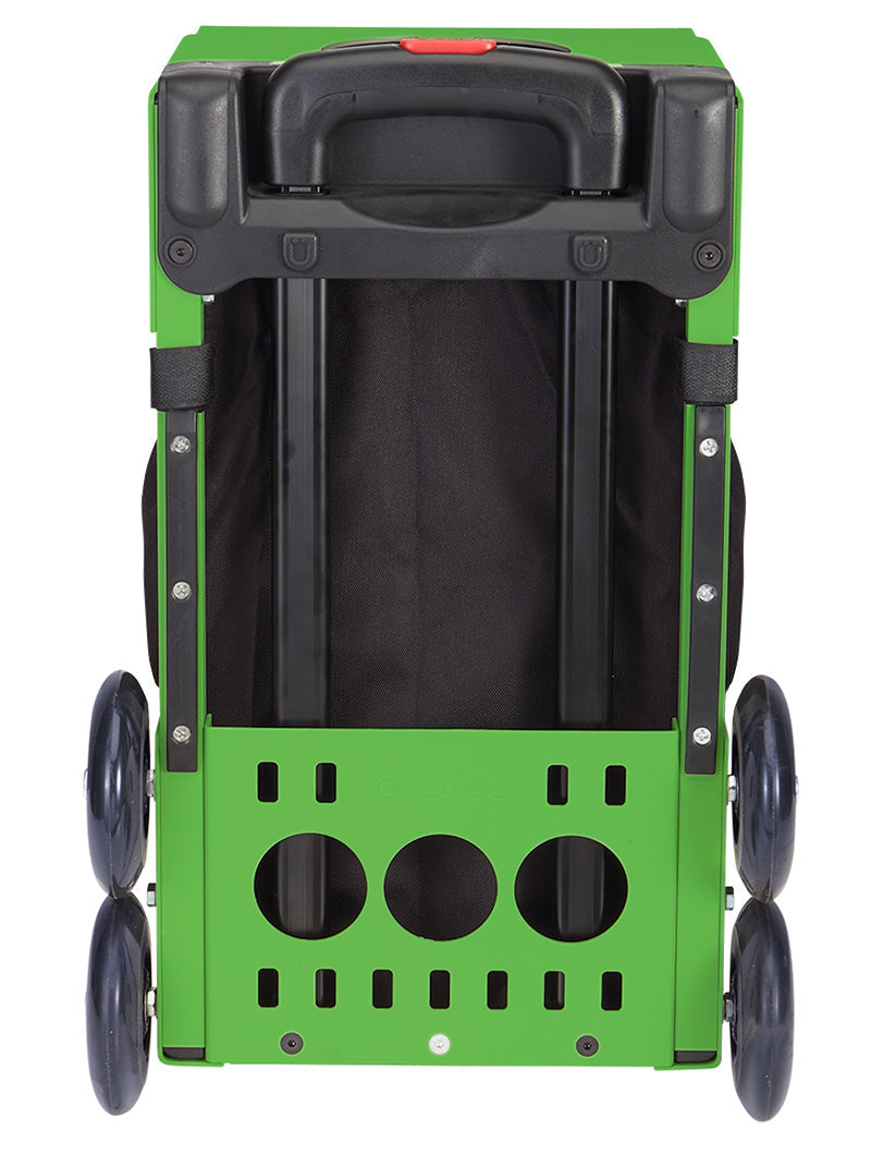 The ZUCA Pickleball Sport Black/Black wagon, shown upright from the back, features a fabric interior, four black wheels, a black handle, three round holes at the bottom, and several rectangular ventilation slots for easy pickleball storage.