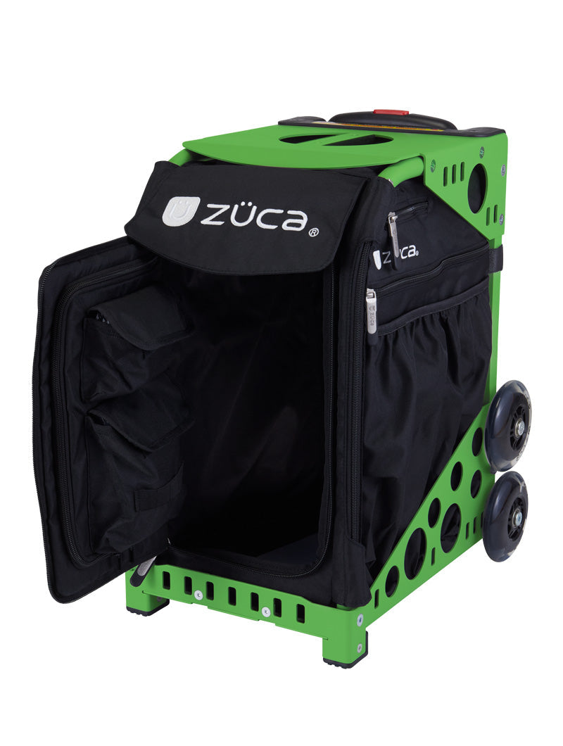 The ZUCA Pickleball Sport Black/Black is a rolling pickleball bag with large wheels, a top handle, black fabric liner, organized interior pockets, and the ZUCA logo on the flap—perfect for convenient pickleball storage and transport.