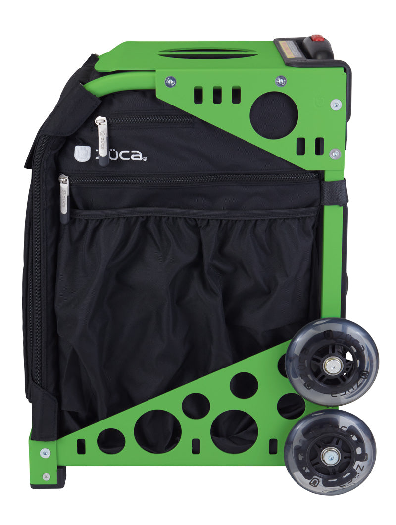 A compact, upright ZUCA Pickleball Sport Black/Black rolling bag with green metal frame, black zippered pockets, two large transparent wheels, side round cut-outs for pickleball storage, and the ZUCA logo on the zippered pocket.