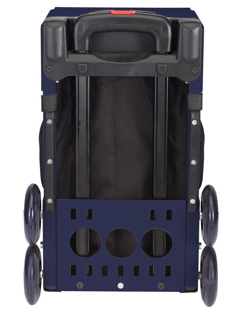 The ZUCA Pickleball Sport Black/Black, seen from the rear, resembles a rolling pickleball bag with four wheels, a top handle with dual metal rods, a vented lower panel with three circular holes, and black fabric sides.