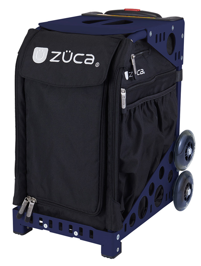 The ZUCA Pickleball Sport Black/Black rolling bag features a zippered front compartment, metal frame, side pocket, and two sets of large double wheels. The ZUCA logo is displayed on the front and side. Perfect for storing pickleball gear.