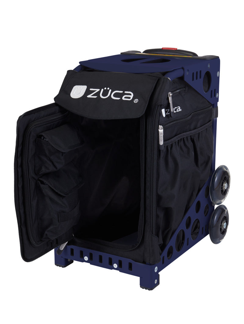 The ZUCA Pickleball Sport Black/Black rolling bag features a black removable insert, interior storage pockets, a sturdy rectangular frame, and large dual wheels—perfect for convenient pickleball gear storage and transport.