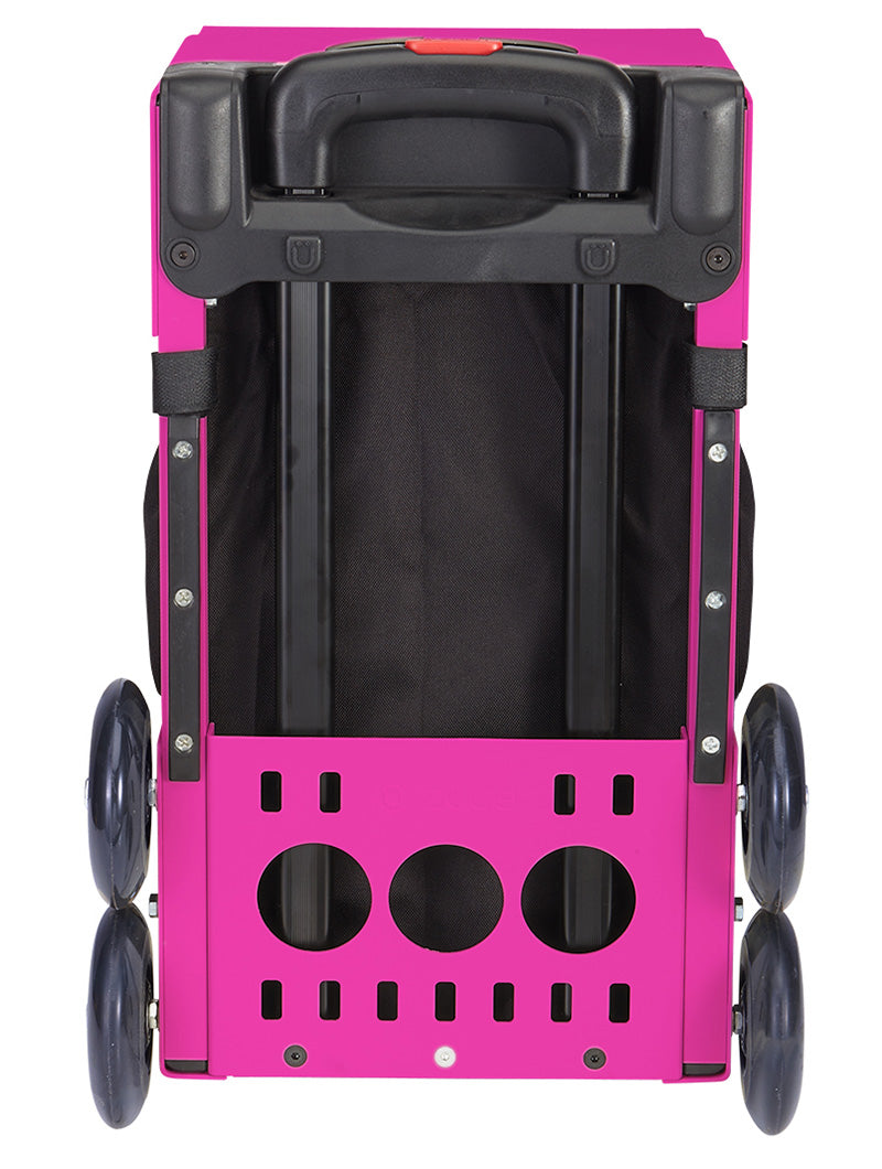 The ZUCA Pickleball Sport Black/Black is shown upright from the back, featuring a sturdy metallic frame and black fabric center with circular ventilation holes and a top handle, resembling a compact, foldable rolling pet carrier.