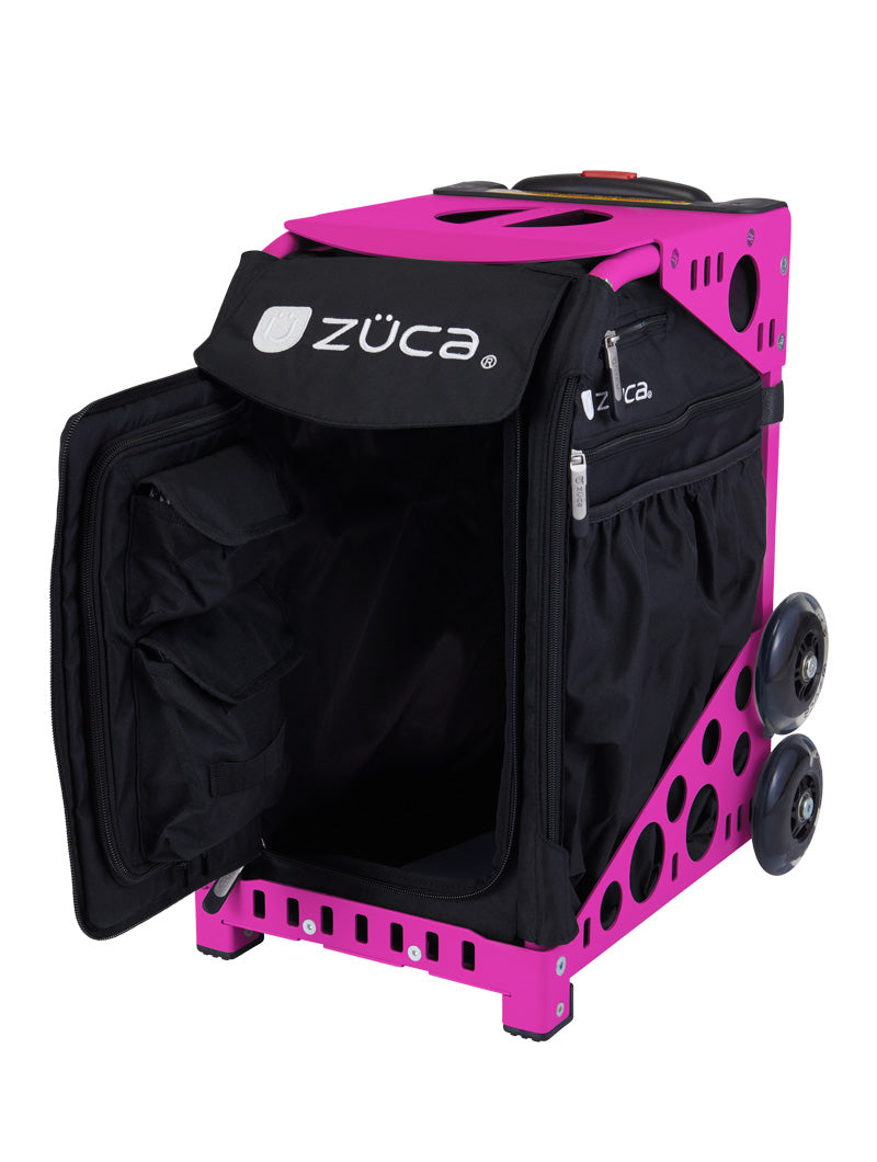 The ZUCA Pickleball Sport Black/Black rolling bag features a black fabric insert, two large wheels, a flat foot for stability, visible ZUCA logo on the flap, and multiple compartments for organized pickleball storage.