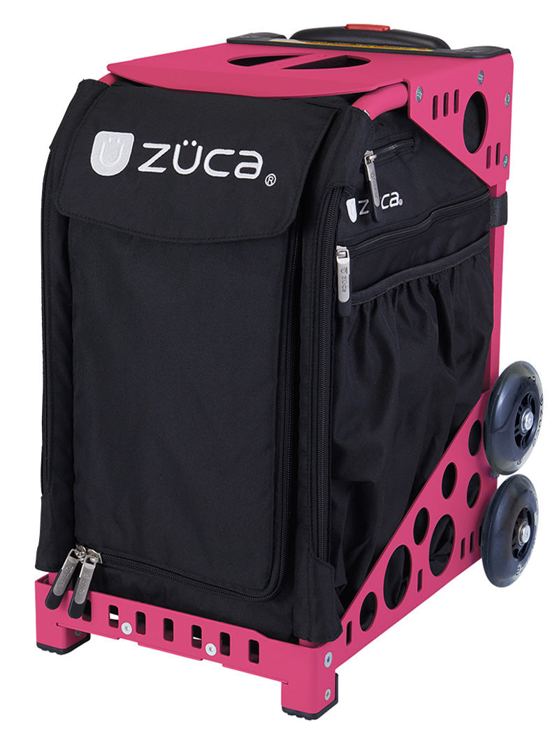 The ZUCA Pickleball Sport Black/Black is a metal rolling pickleball bag with a black removable insert, zippered front flap and side pocket, two large wheels, and white ZUCA logos on the front and side—ideal for pickleball storage.