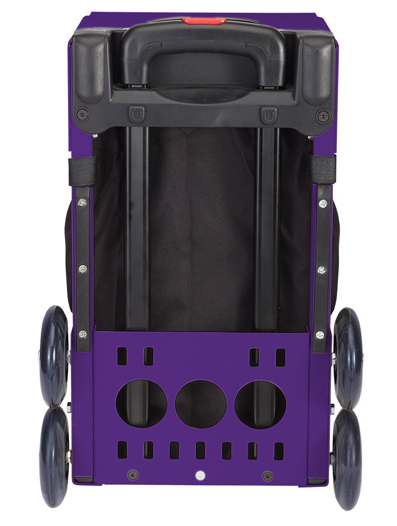 The ZUCA Pickleball Sport Black/Black rolling bag features black fabric sides, four large wheels, a top handlebar, and a ventilated lower section with round cutouts—ideal for convenient pickleball storage.