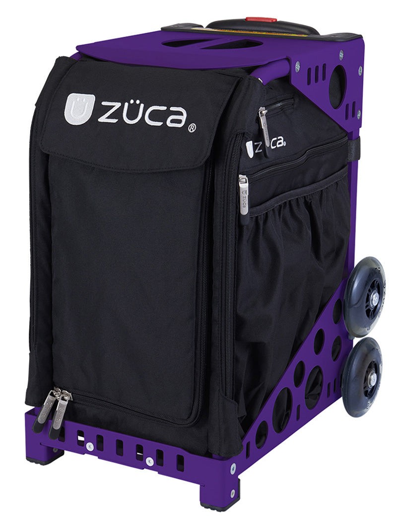 The ZUCA Pickleball Sport Black/Black is a rolling pickleball bag with a sturdy purple frame, large dual wheels, zippered pockets, and “ZUCA” printed in white on the black fabric front. Its perforated design offers ample storage for pickleball gear.
