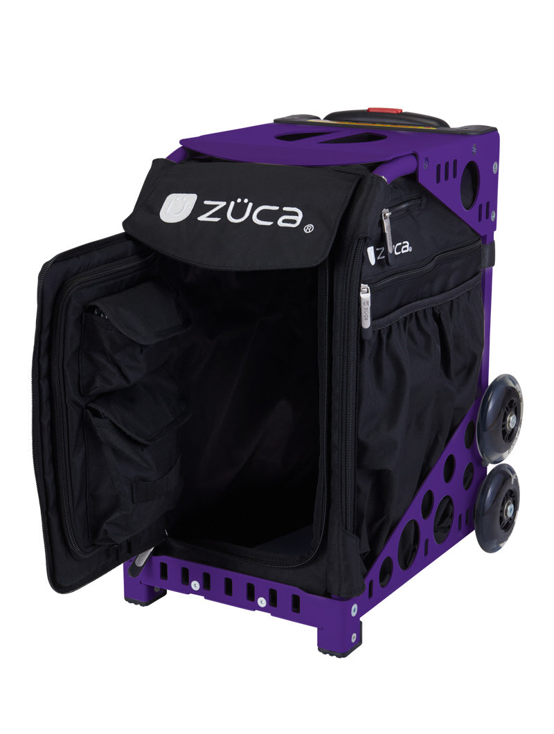 The ZUCA Pickleball Sport Black/Black rolling bag features a spacious interior, multiple side pockets, zippered front flap, sturdy metal frame, dual wheels per side, and a top handle for easy transport.
