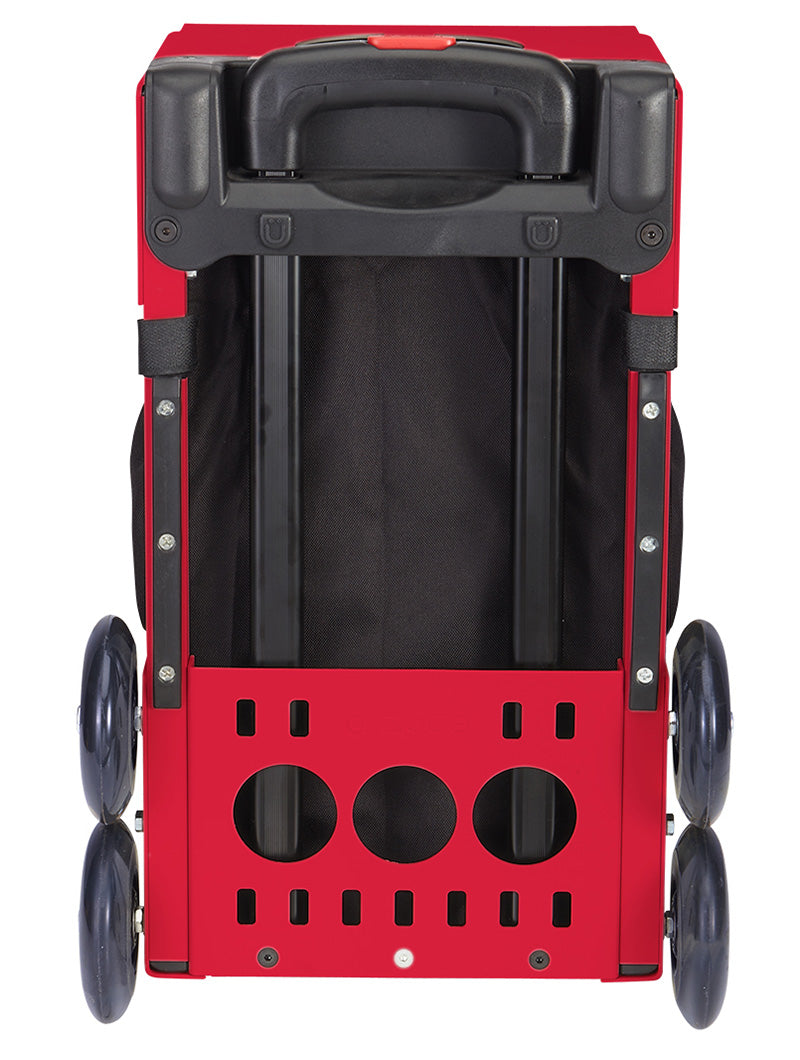 The ZUCA Pickleball Sport Black/Black is a box-shaped rolling bag seen from the back, featuring four black wheels, black metal support bars, a top handle, and a fabric compartment with circular ventilation holes on the lower back panel.