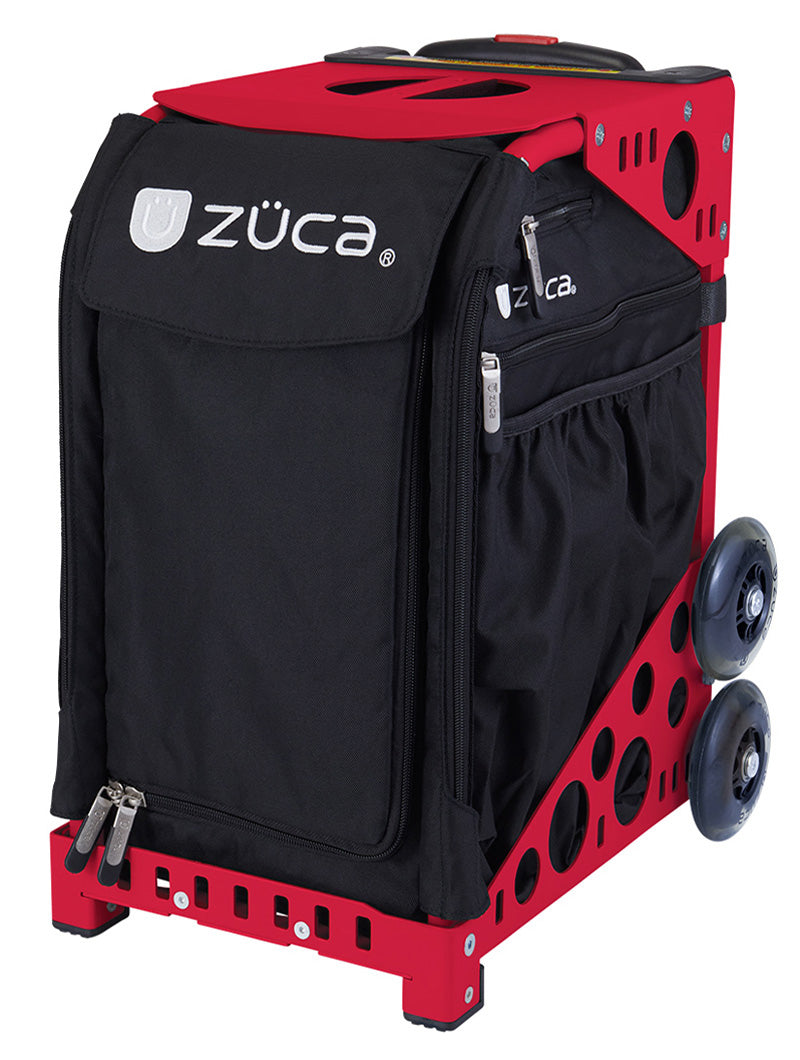 The ZUCA Pickleball Sport Black/Black rolling bag features a sturdy red metal frame, black zippered insert, side pocket, double wheels, top handle, visible branding, and spacious storage for all your pickleball gear.