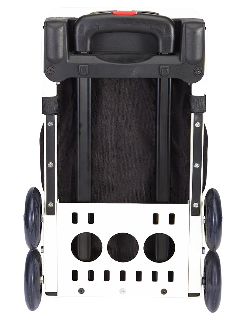 The ZUCA Pickleball Sport Black/Black bag, shown from the bottom, features four blue wheels, a black fabric compartment, and a ventilated white base. Its visible cart handle makes it ideal for convenient pickleball storage and transport.