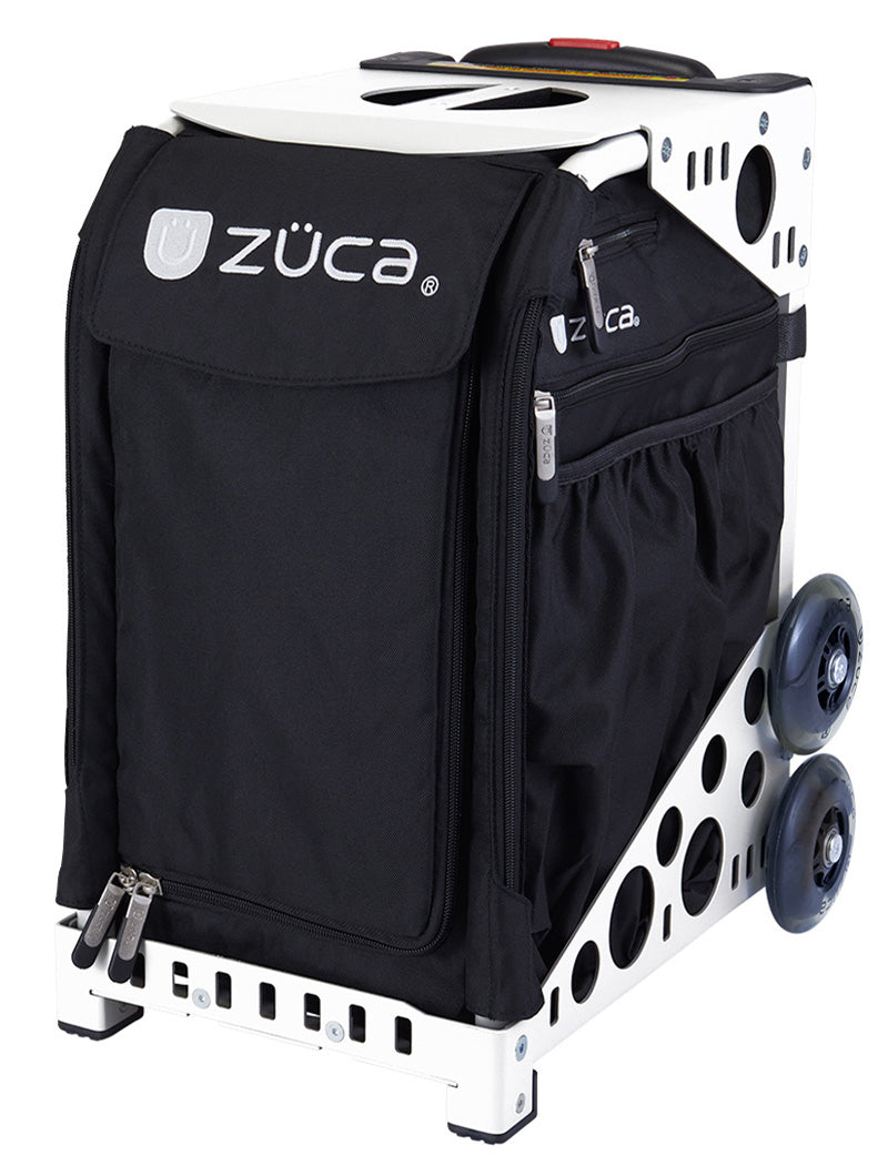 The ZUCA Pickleball Sport Black/Black bag has a sturdy frame, large side wheels, zipper pockets, top handle, dual front zippers for easy storage, and features the ZUCA logo on the front and side pocket.