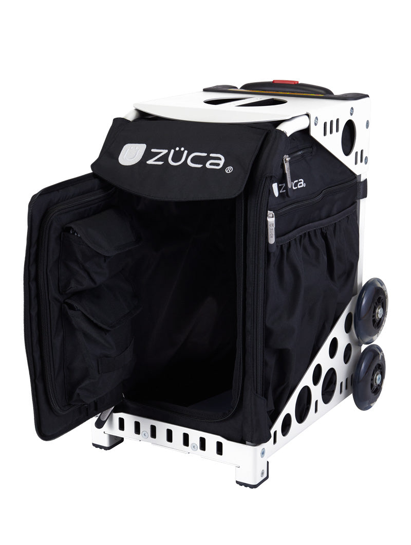 The ZUCA Pickleball Sport Black/Black rolling bag features a sturdy metal frame, spacious compartments revealed by the open front zipper flap, large wheels, a top handle for easy transport, and a visible side pocket.