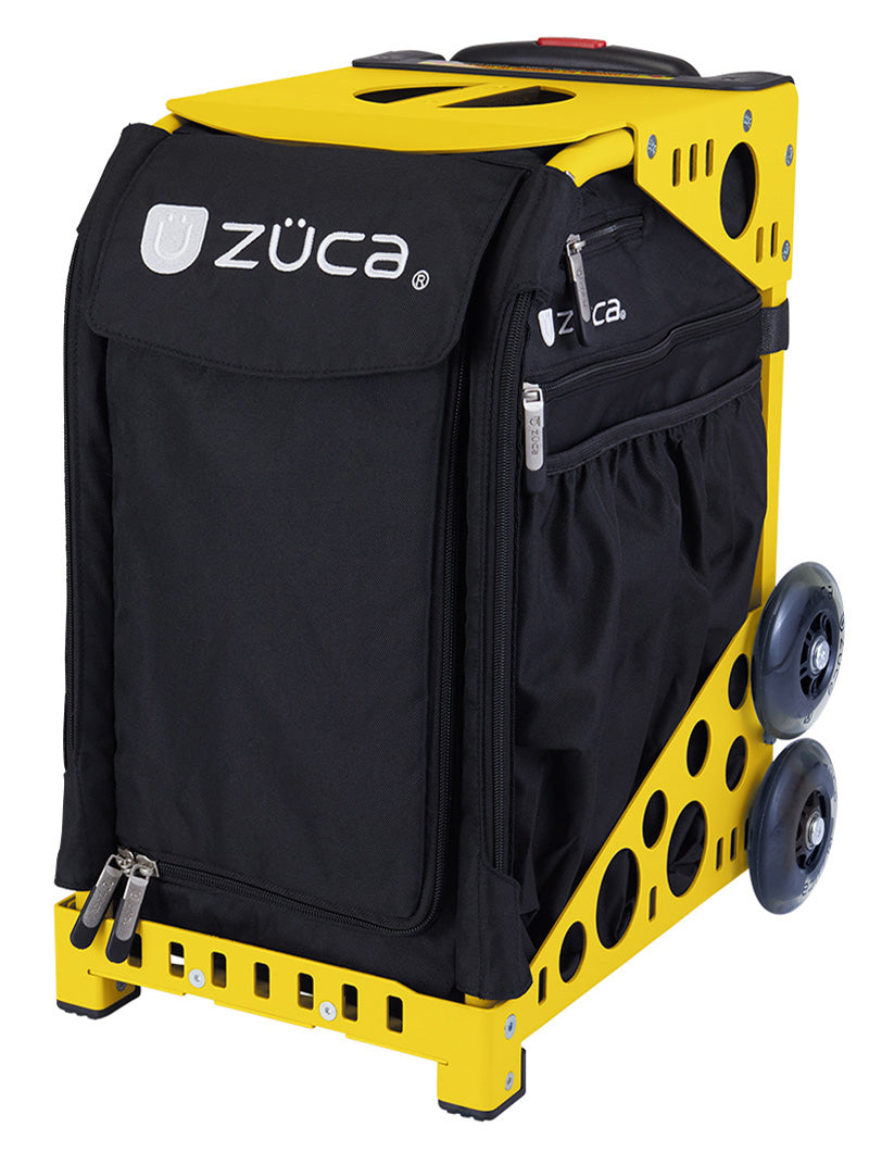 The ZUCA Pickleball Sport Black/Black bag features a bright yellow metal frame, black fabric insert, side pockets, ventilation holes, stacked wheels for easy rolling, and a front zippered flap labeled “ZUCA” for sporty pickleball storage.