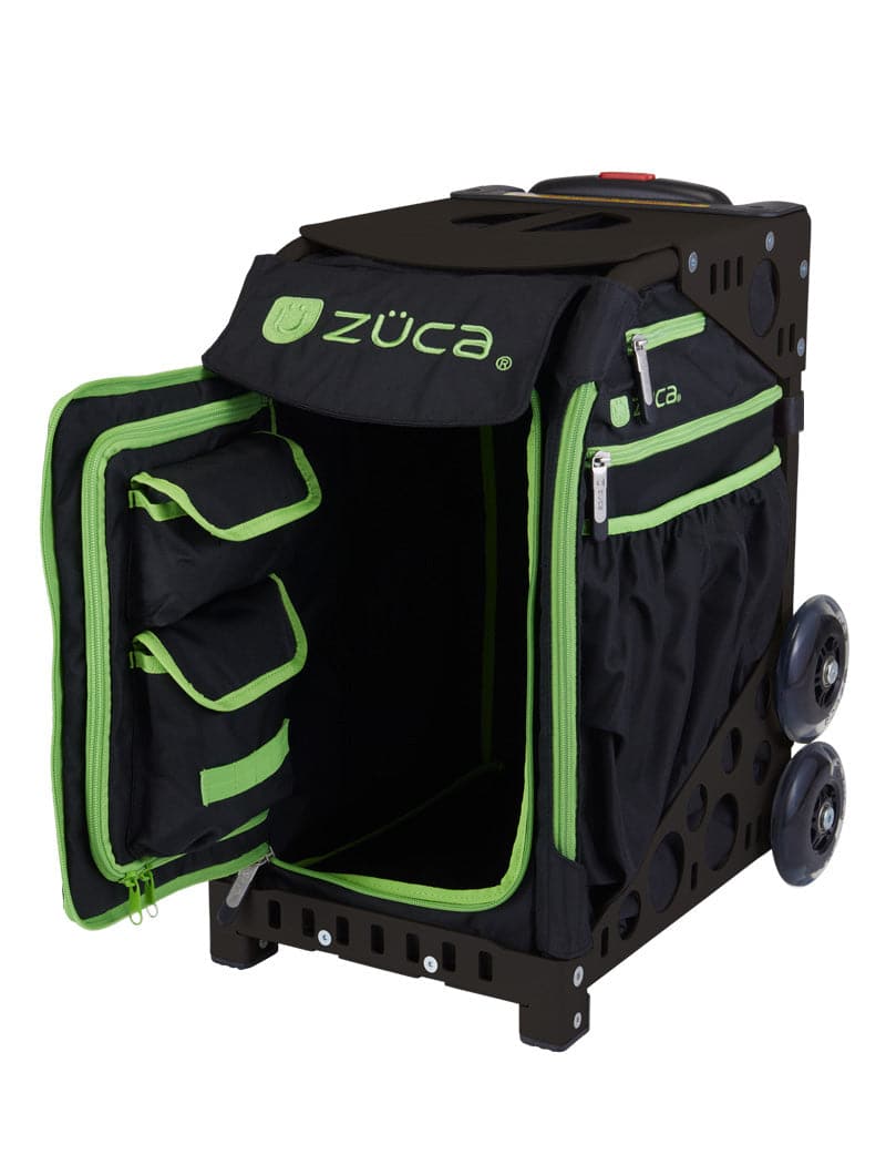 The ZUCA Pickleball Sport Black/Green rolling bag features green zippers and trim, an empty main compartment, three mesh pockets in the front flap for organizing gear, two large wheels, and an external zip pocket.
